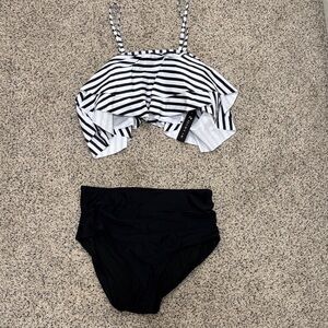 Womens Black & White Striped Two-Piece Swim Set